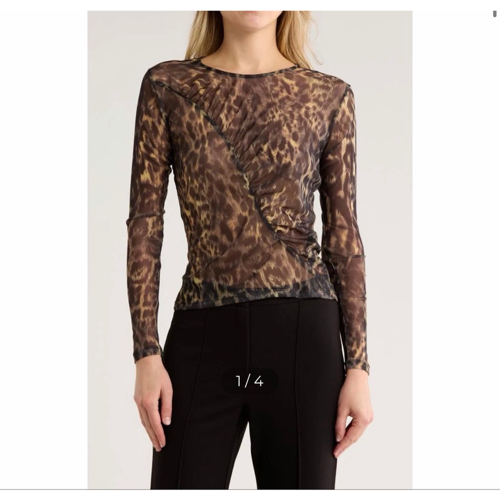 Women's ALLSAINTS Leopard Print Long Sleeve Mesh Tee Size 8 Black Gold